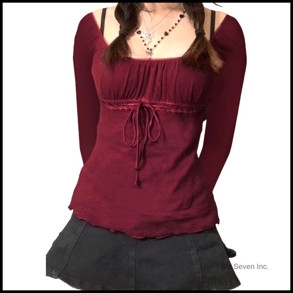 Y2K Mesh Babydoll Blouse Long Sleeve Scoop Neck Ruffle Hem Romantic